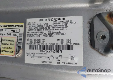 2015 Ford Mustang V6 из США, поврежденный, VIN 1FA6P8AM3F5389076